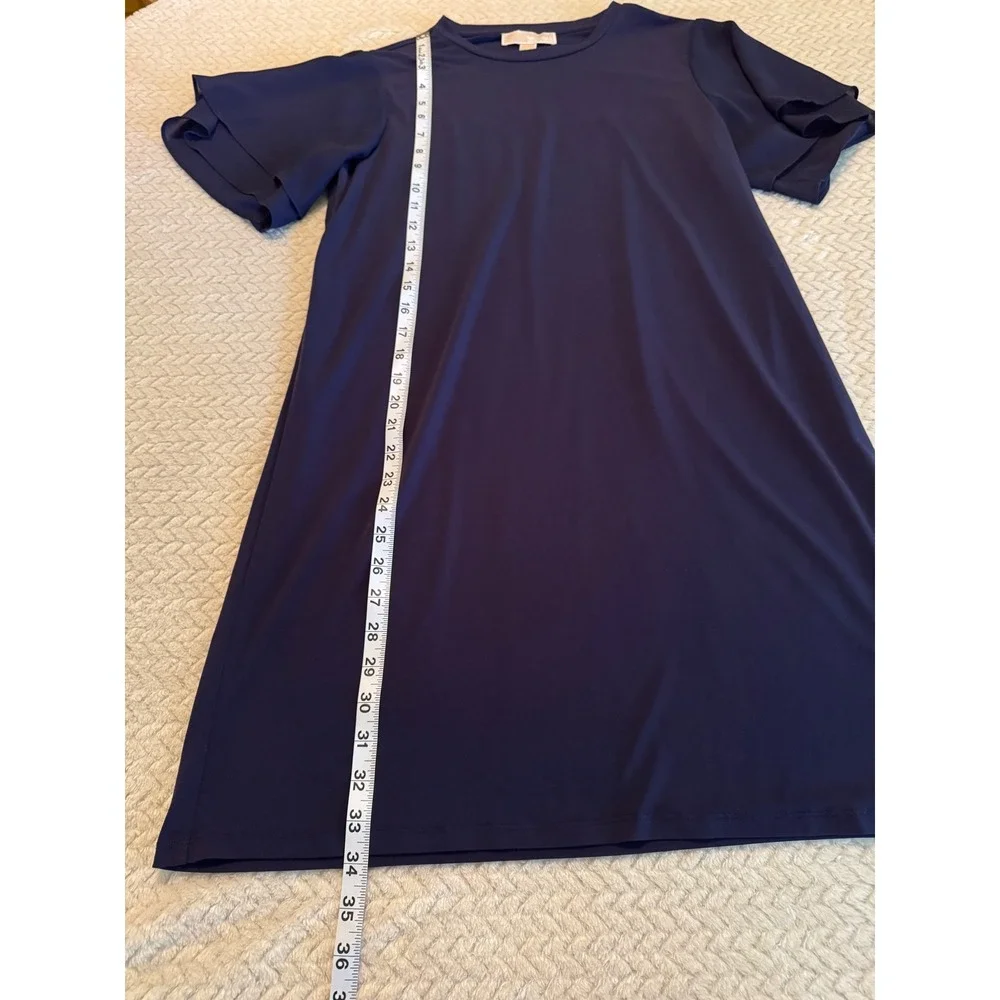 Michael Kors Navy Blue Flutter Sleeve Shift Dress Crew Neck Navy Gold Logo Med
